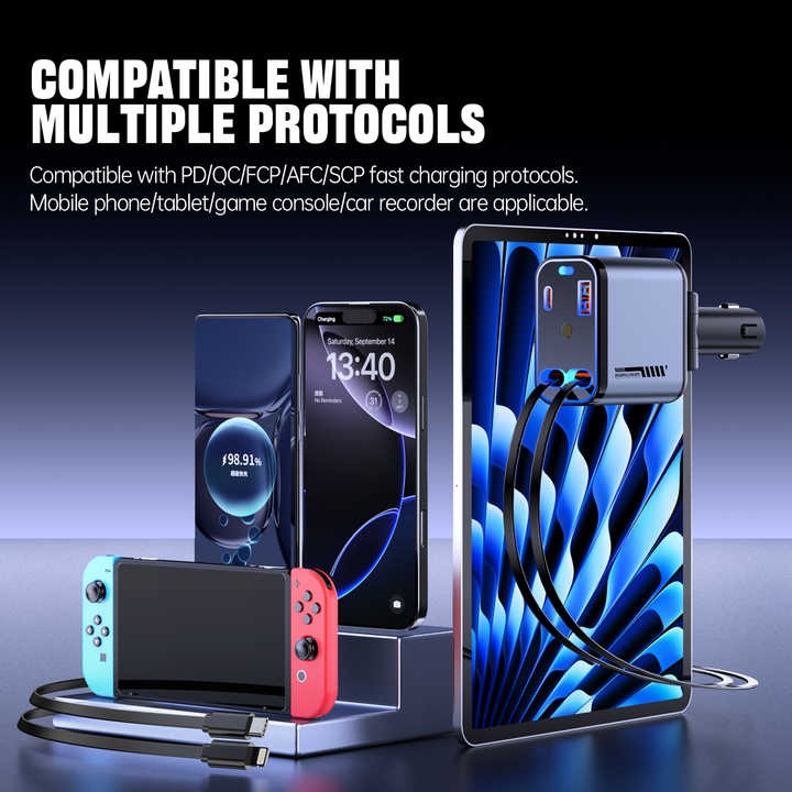 Car charger compatible with multiple devices — phones, earbuds and smartwatch