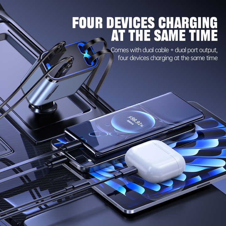 Retractable car charger charging four devices at the same time