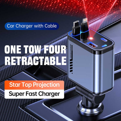 Retractable car charger with two cables, dashboard view