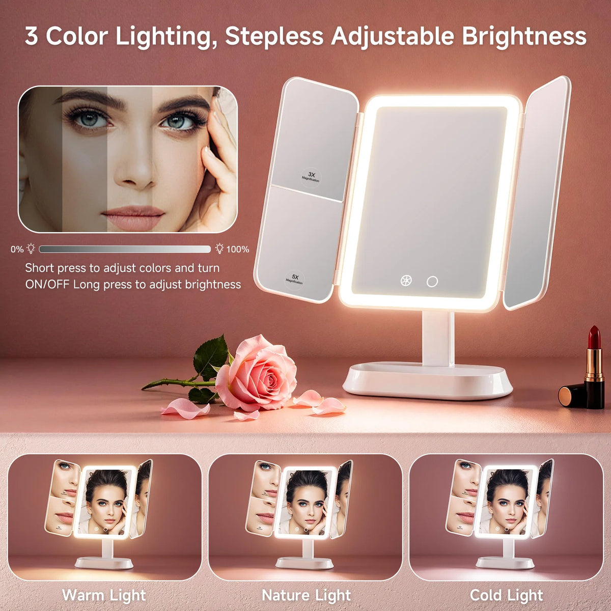 3 Folds Lighted Makeup Mirror
